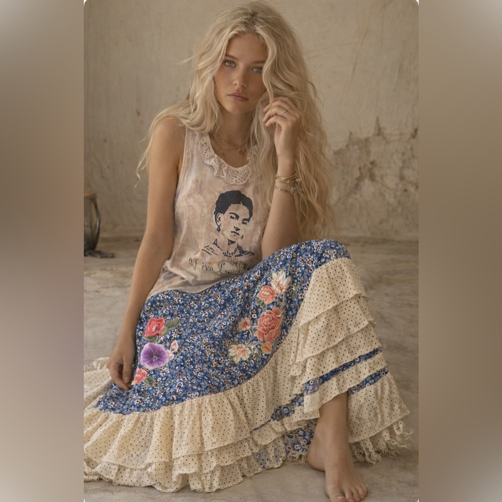 Hand Crafted Floral Patchwork Maxi Skirt - Blue and Cream